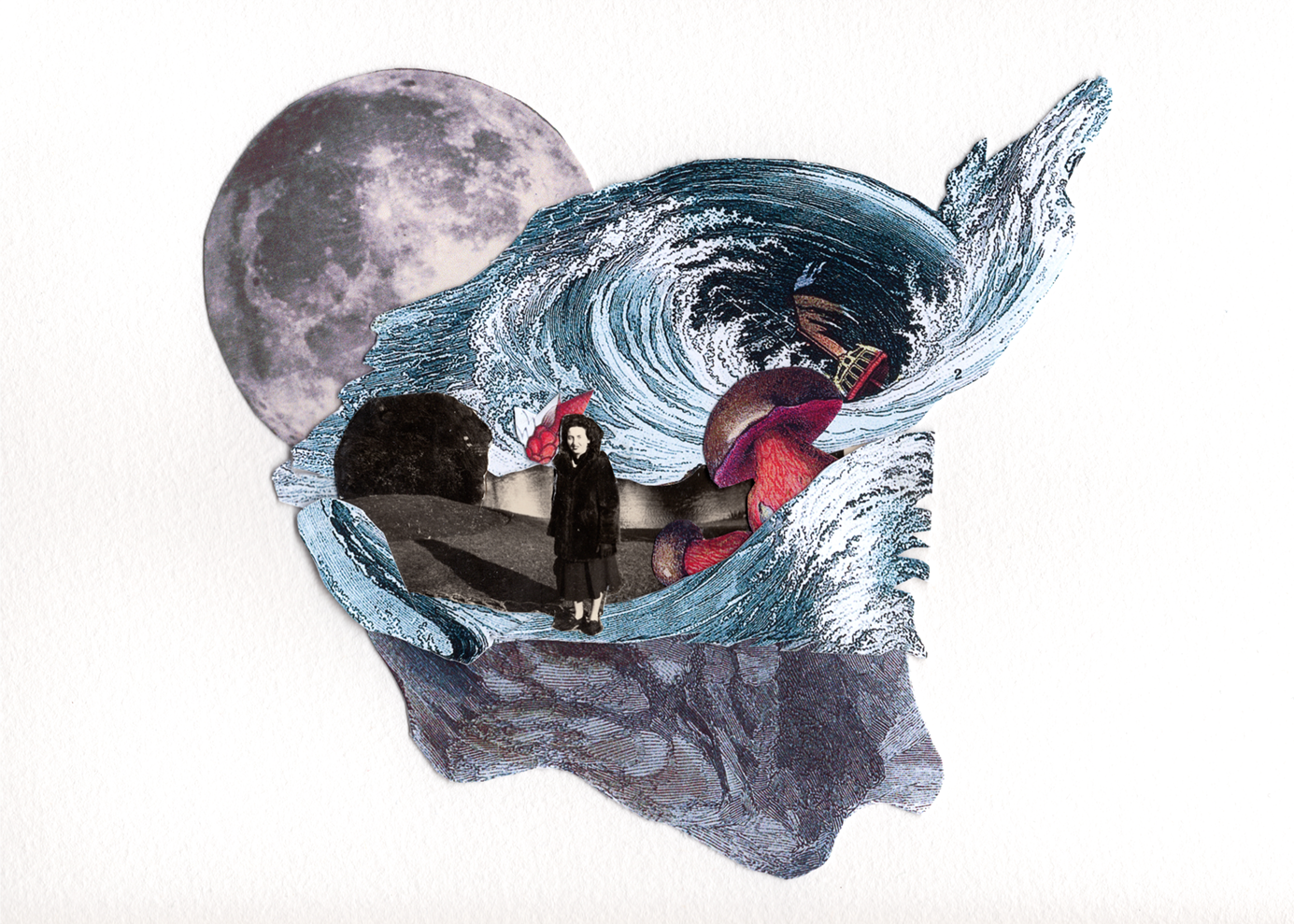 Collage artwork by M!DOR! featuring vintage photographs with geometric shapes in teal and magenta